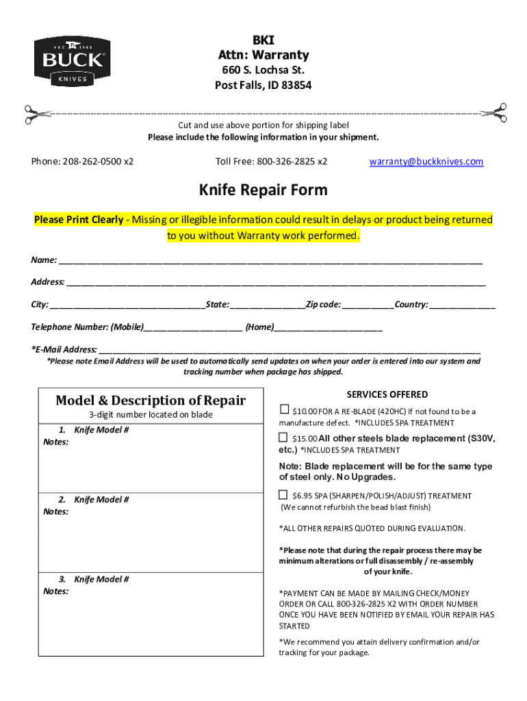 buck knife repair form Preview on Page 1