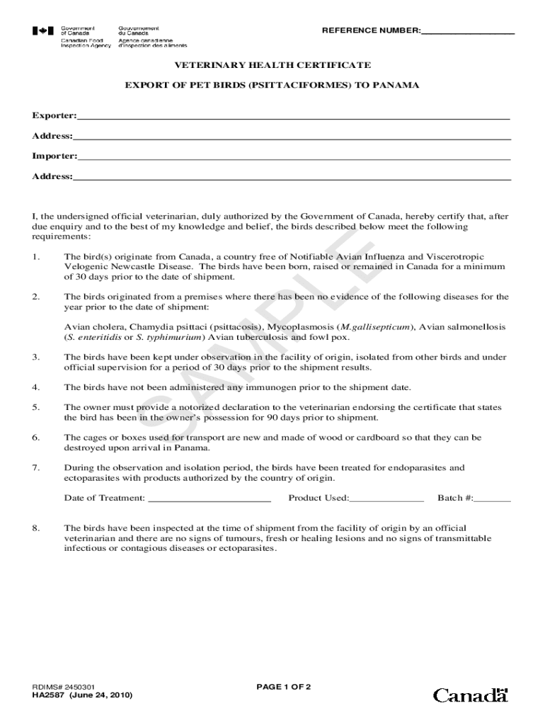 Fillable Online Veterinary Health Certificate Export of Birds to The