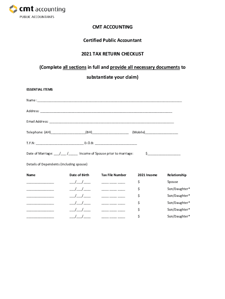 Fillable Online 2021 TAX RETURN CHECKLIST Fax Email Print pdfFiller