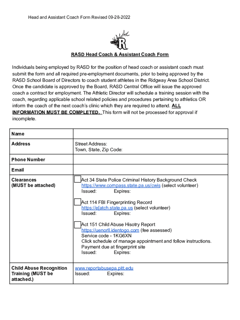 Fillable Online RASD Head Coach & Assistant Coach Form Fax Email Print pdfFiller