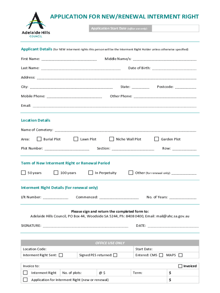 Fillable Online APPLICATION FOR NEW/RENEWAL INTERMENT RIGHT Fax Email ...