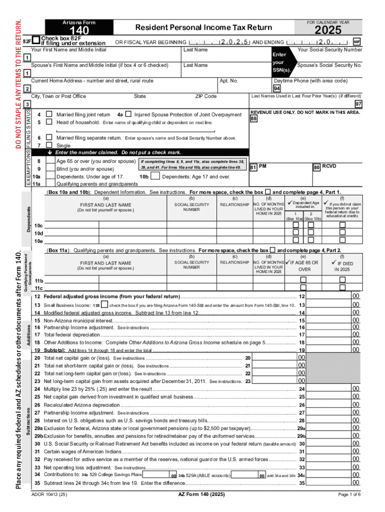 Form 140 - Resident Personal Income Tax Form -- Fillable Arizona Preview on Page 1