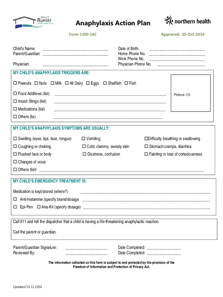 Fillable Online Medication Administration Form and Anaphylactic Action ...