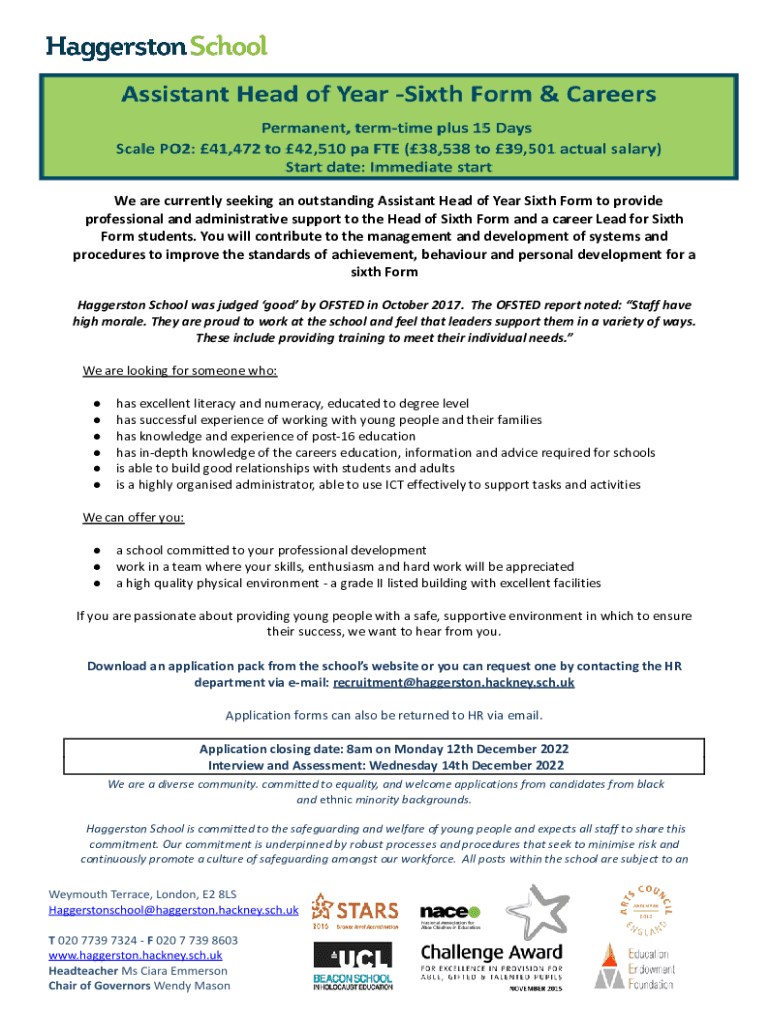 Fillable Online Assistant Head of Year Sixth Form and Careers Advert