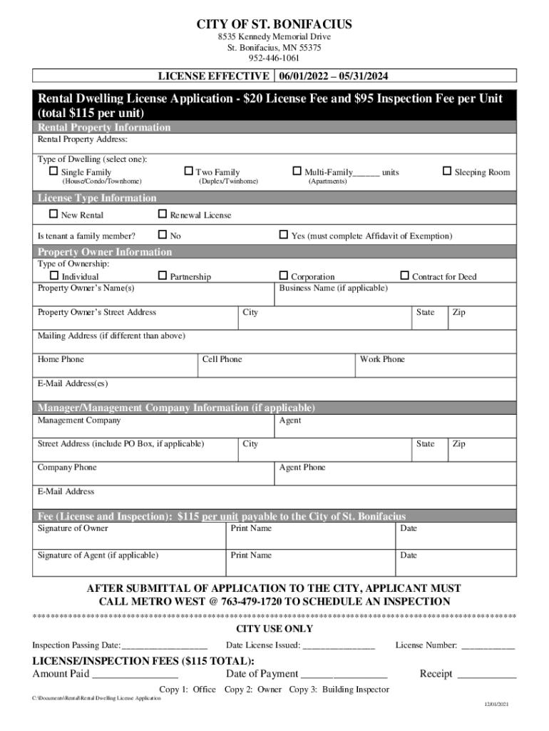 Fillable Online ci stbonifacius mn CITY OF ST. BONIFACIUS Rental
