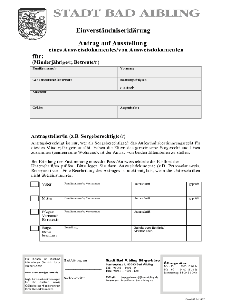 Ausfüllbar Online Einverstndniserklrung Antrag auf Ausstellung fr: Fax ...