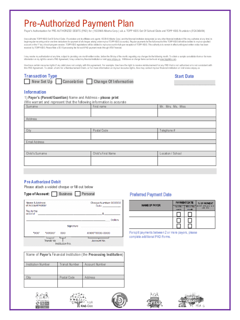 Fillable Online (403) 5295339 PreAuthorized Debit (PAD) Agreement