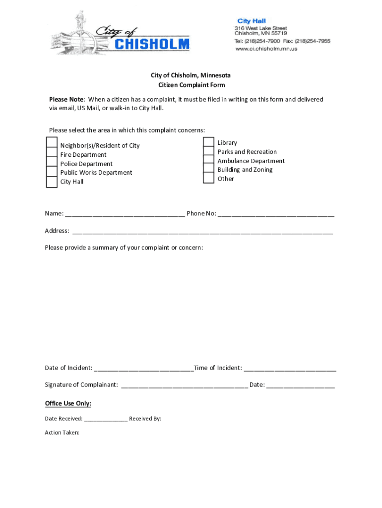 Fillable Online City of Chisholm, Minnesota Citizen Complaint Form Fax