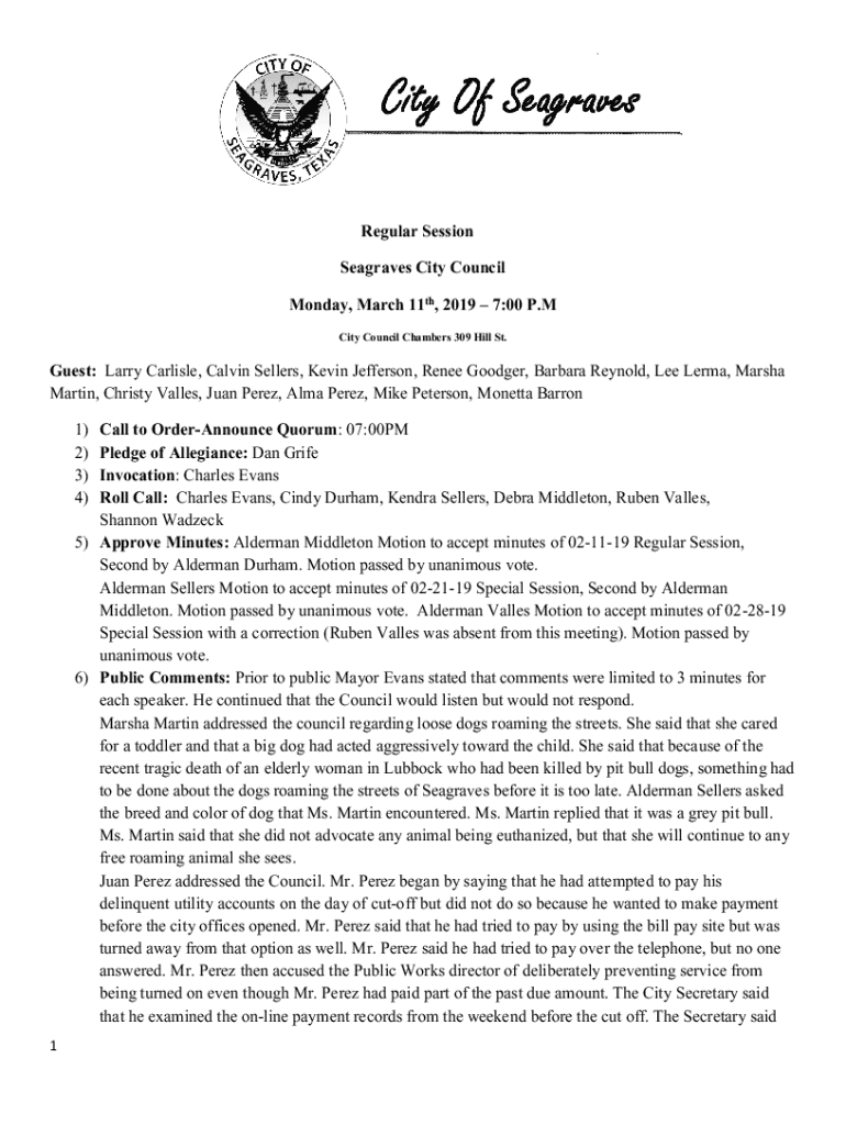 Fillable Online Regular Session Seagraves City Council Fax Email