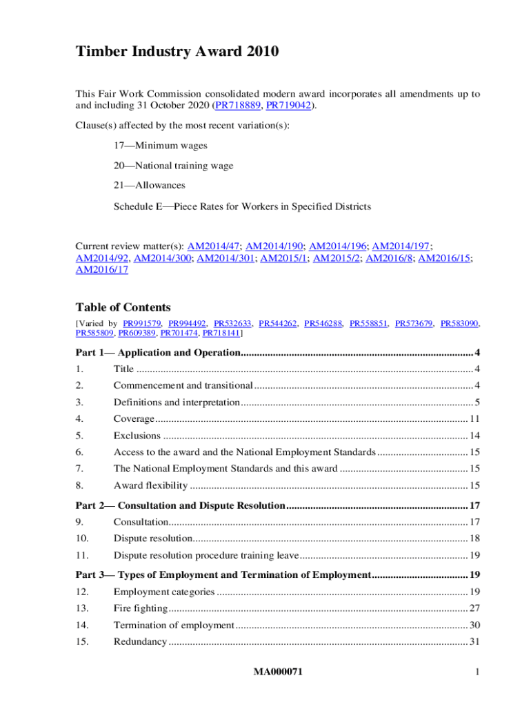 Fillable Online Changes to Timber Industry Award by Fair Work