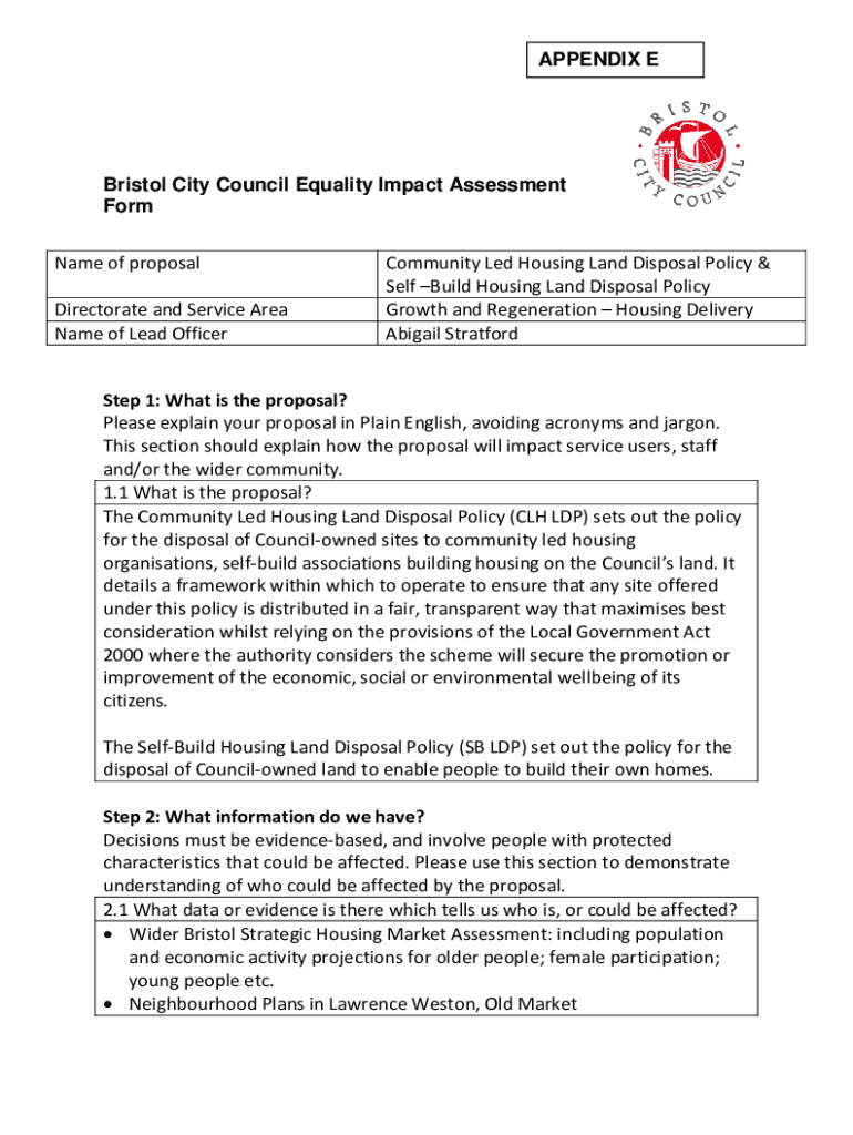Fillable Online democracy bristol gov Bristol City Council Equality