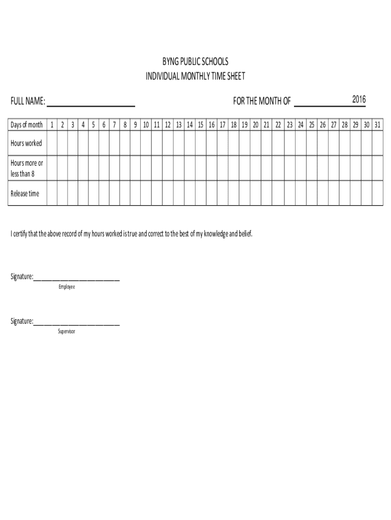 Fillable Online byng public schools individual monthly time sheet Fax