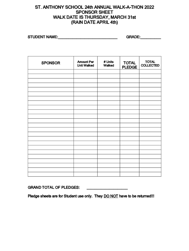 Fillable Online St. Anthony of Padua School 2018 JogaThon Pledge