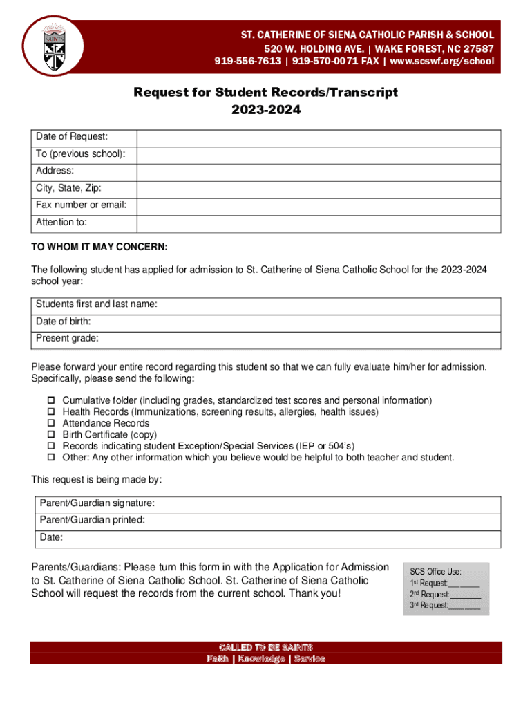 Fillable Online Request for Student Records/Transcript 2023-2024 Fax ...