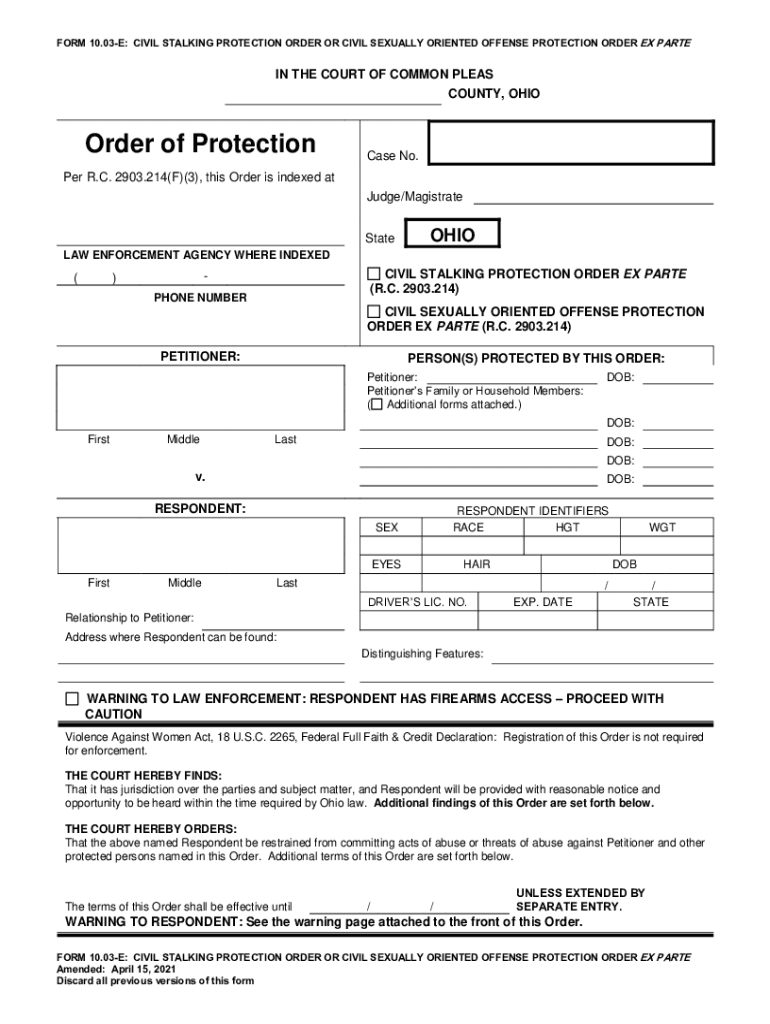 Form 10 03-E: Civil Stalking Protection Order or Civil Sexually Oriented Offense Protection Order Ex Preview on Page 1