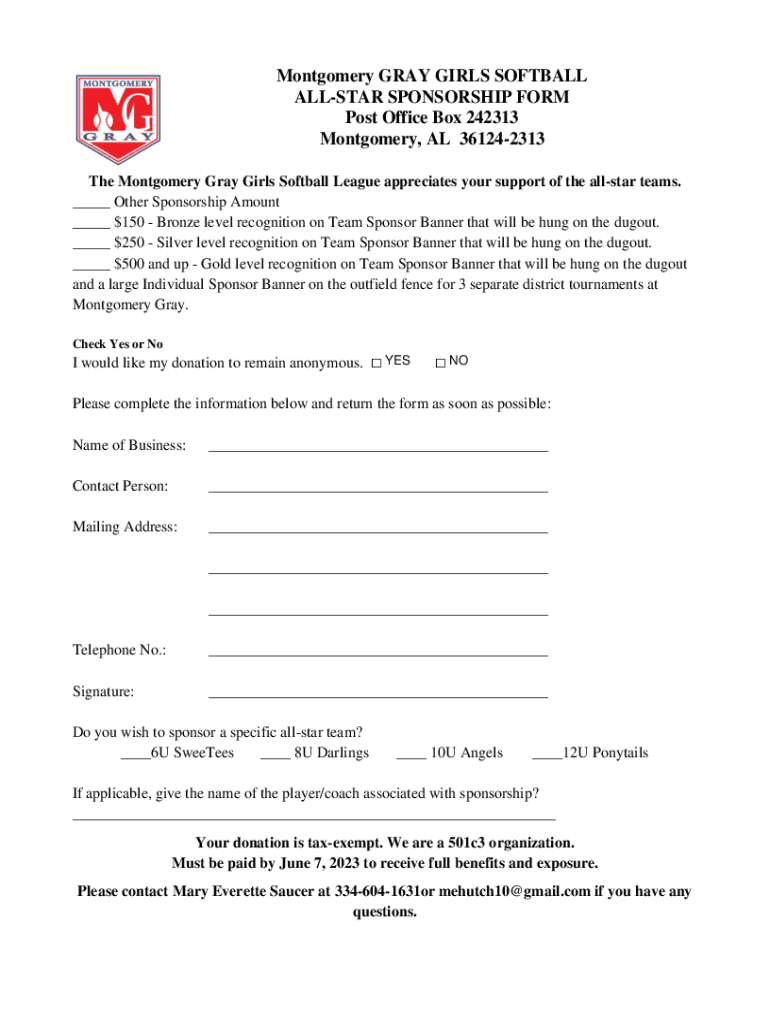 Fillable Online montgomery girls softball league sponsorship form ...