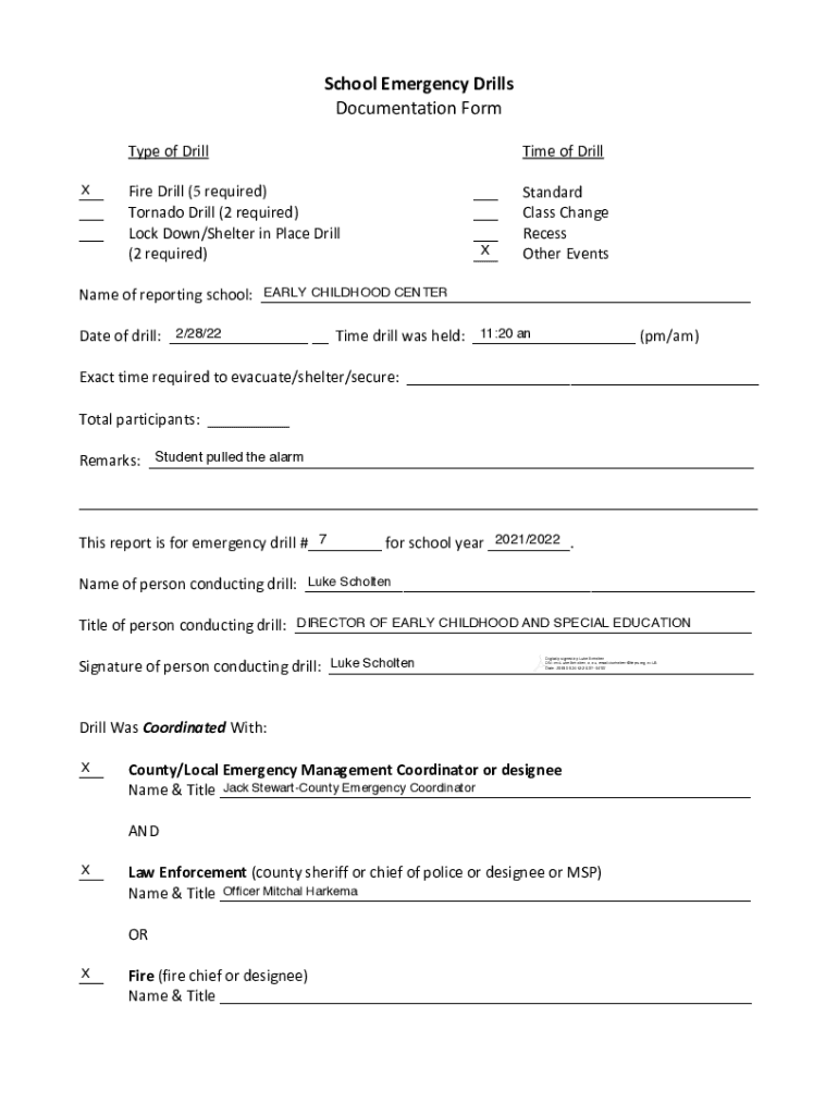 Fillable Online OPSD School Emergency Drills Documentation Form for
