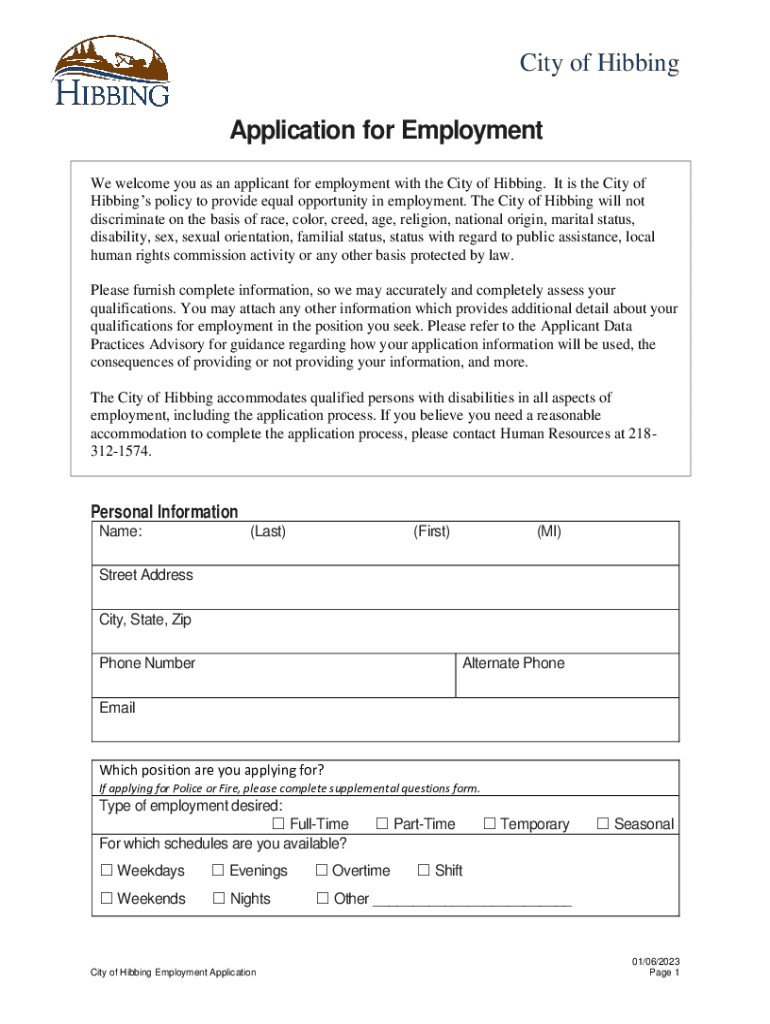 Fillable Online City of Hibbing Application for Employment Fax Email
