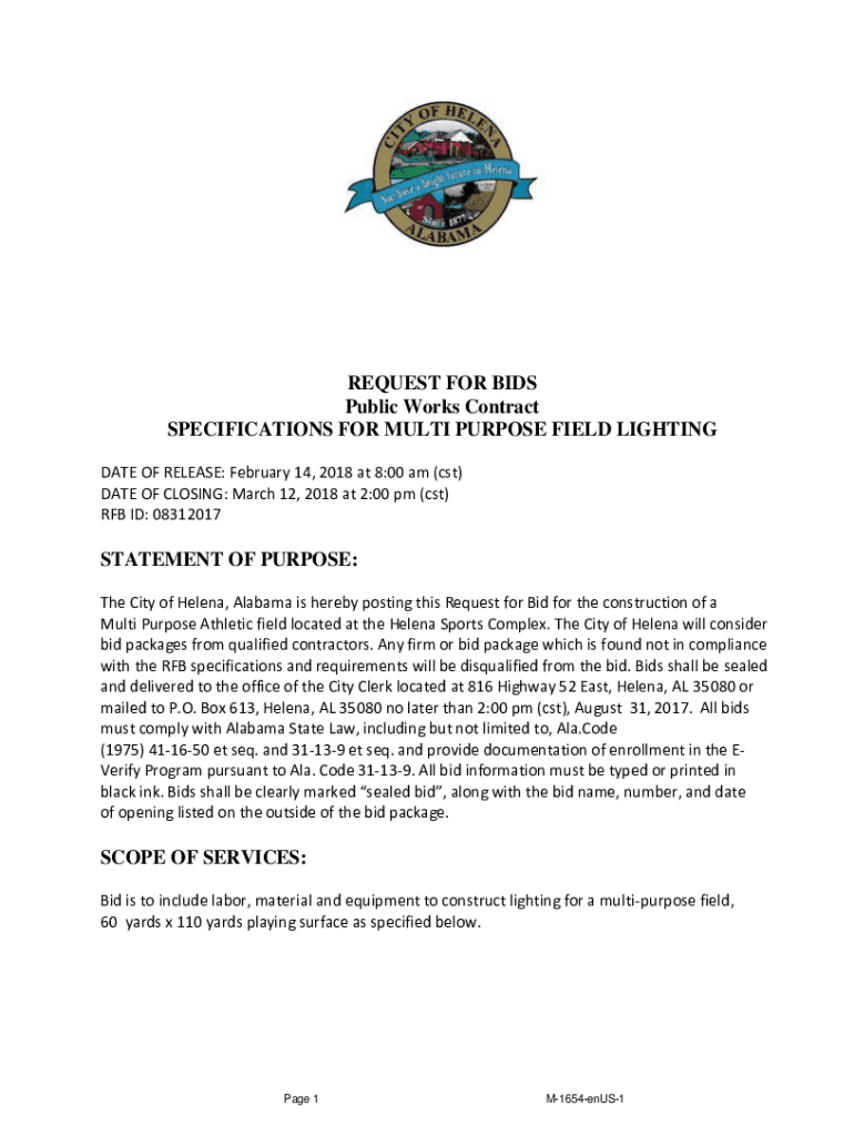 Fillable Online Request for Bids Public Works Contract SPECIFICATIONS