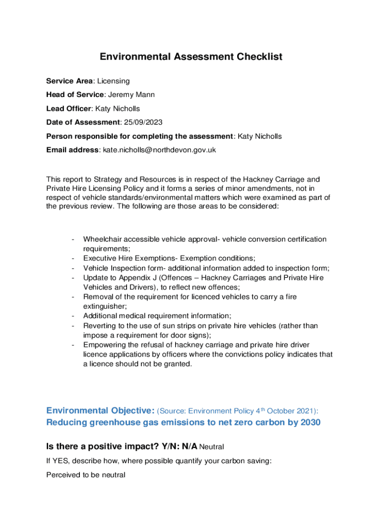 Fillable Online Environmental Assessment Checklist Form (EAC