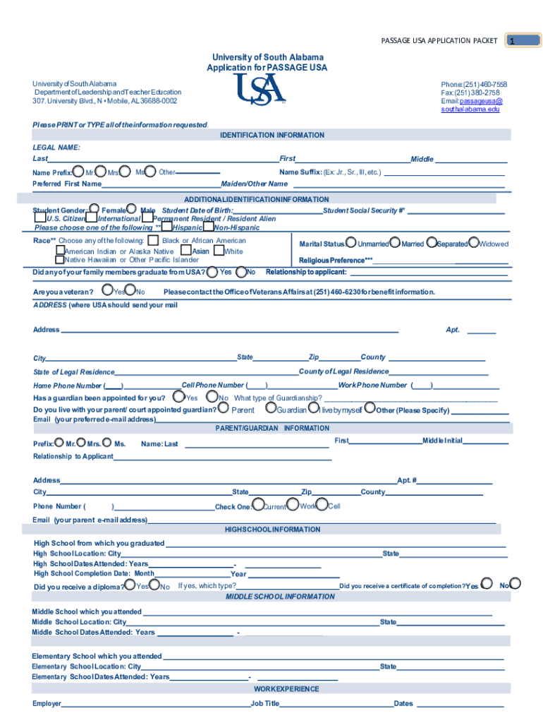 Fillable Online Fillable Online University of South Alabama Application for Fax Email Print
