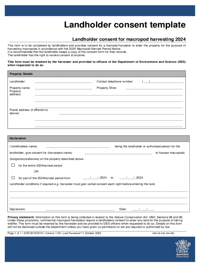 Fillable Online Landholder consent form for macropod harvesting 2024