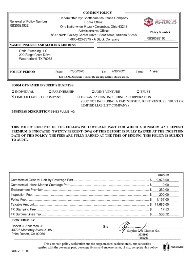 Fillable Online Underwritten by Scottsdale Insurance Company Home