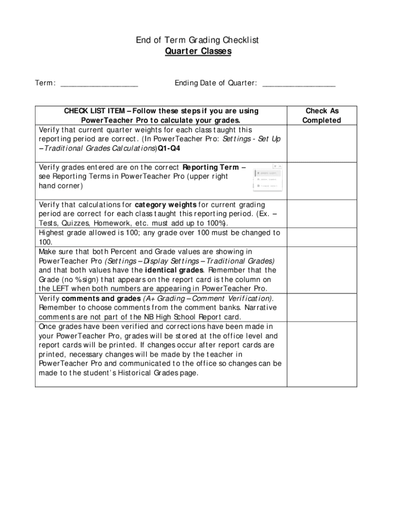 Fillable Online End of Term Grading Checklist Dillon High School