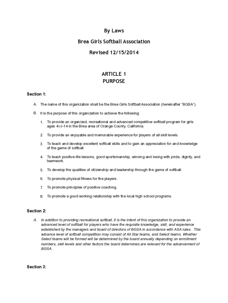 Fillable Online By Laws Brea Girls Softball Association Revised 12/15