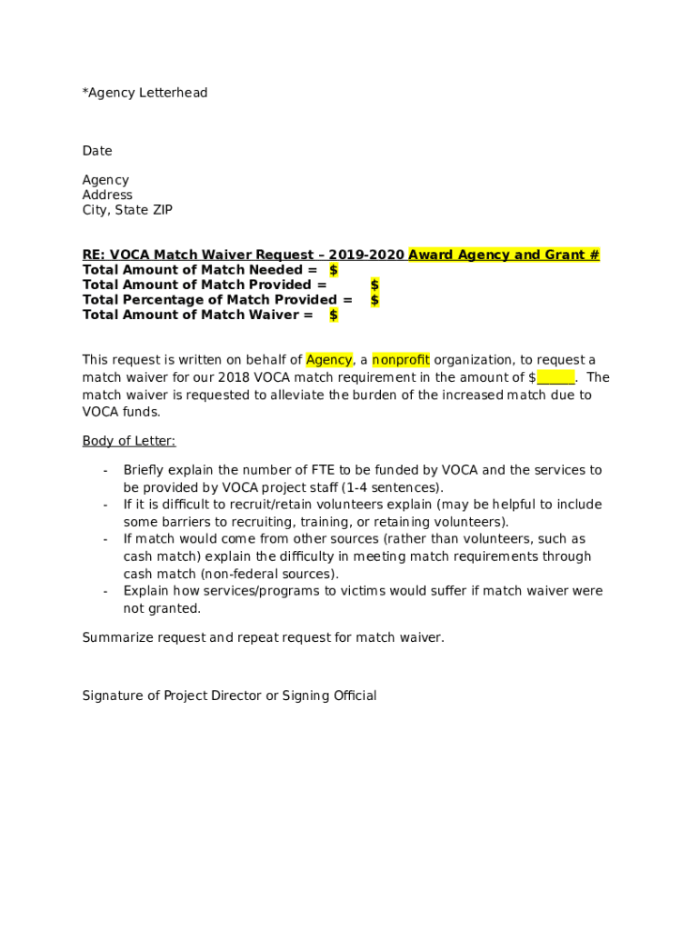 VOCA Match Waiver Request Letter Template Doc Template pdfFiller