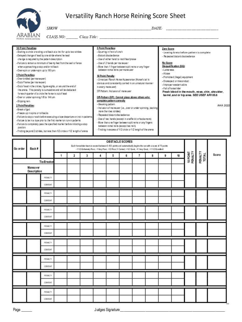 Fillable Online AHA VSH Ranch Reining Score Sheet docx Fax Email Print