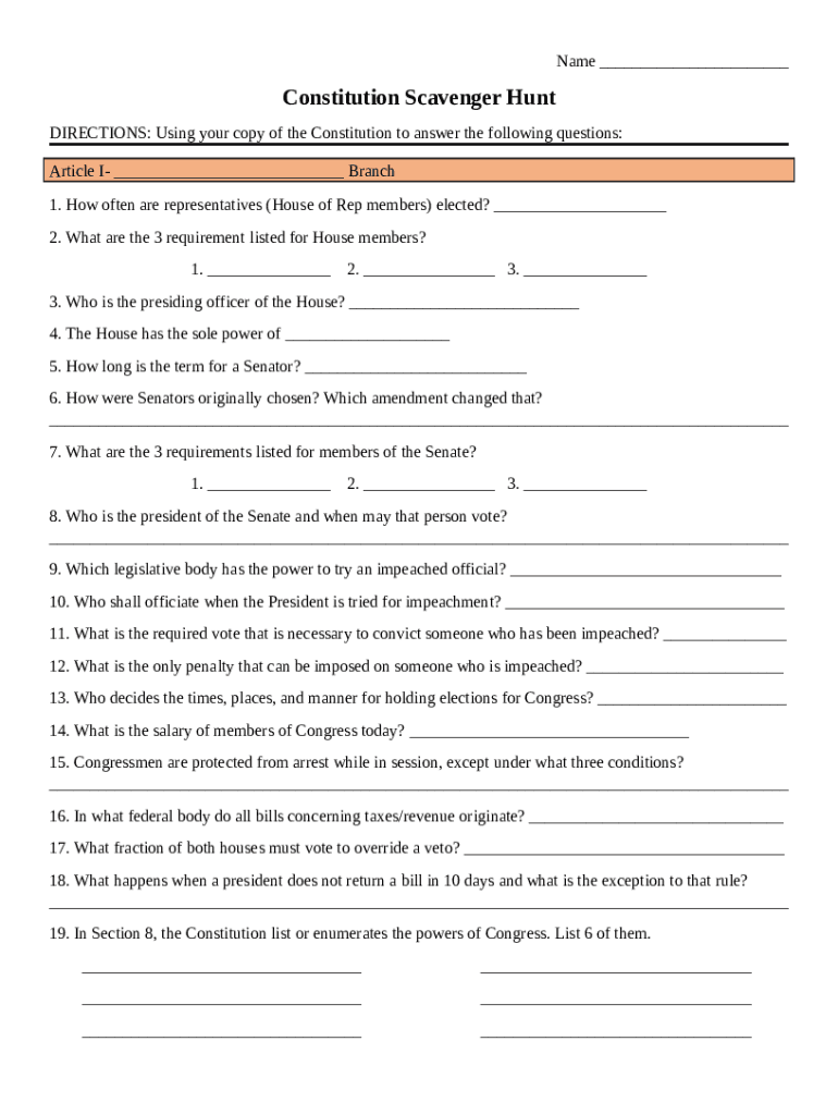 Constitutional Scavenger Hunt ANSWER KEY Flashcards Doc Template