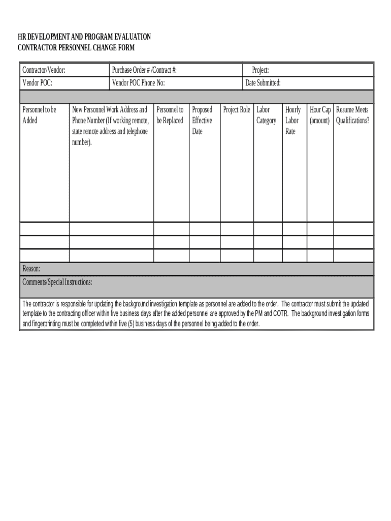CONTRACTOR PERSONNEL CHANGE REQUEST Doc Template pdfFiller