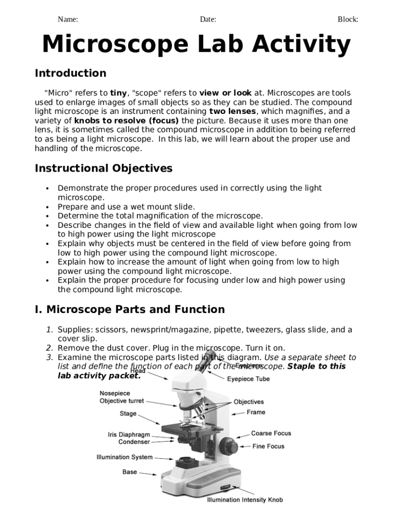 Introduction to the Microscope Virtual Lab 1 .doc Doc Template pdfFiller