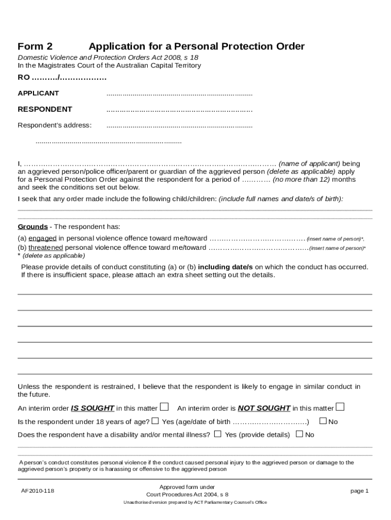 2Application for a Personal Protection Order legislation act gov Doc Template pdfFiller