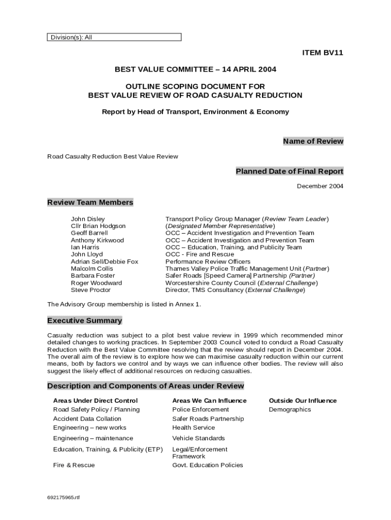 Best Value Review Scoping Exercise Report of M Doc Template pdfFiller