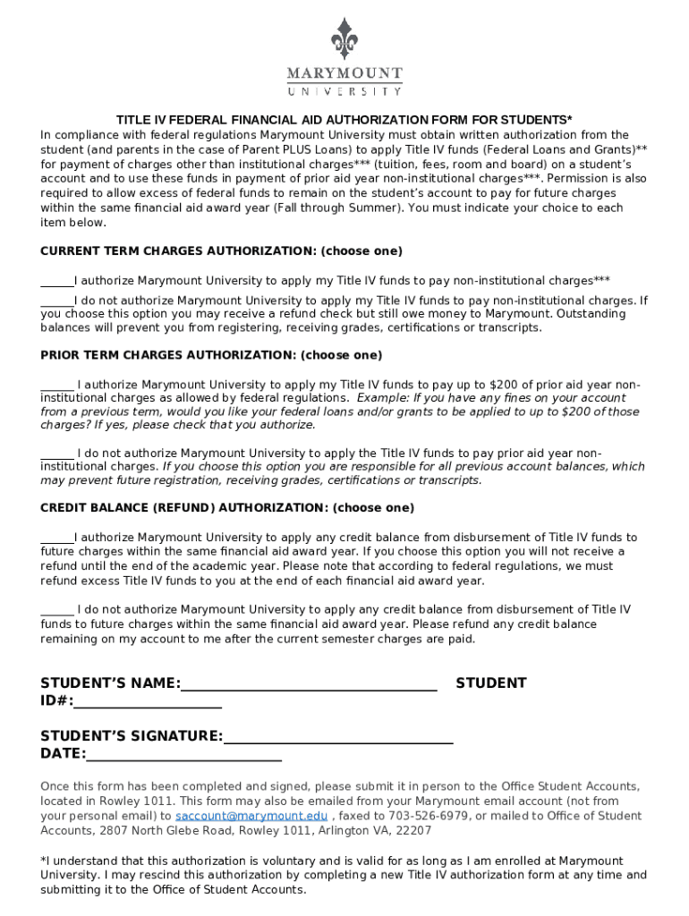 Title IV Authorization - LMU Financial Aid Doc Template | pdfFiller
