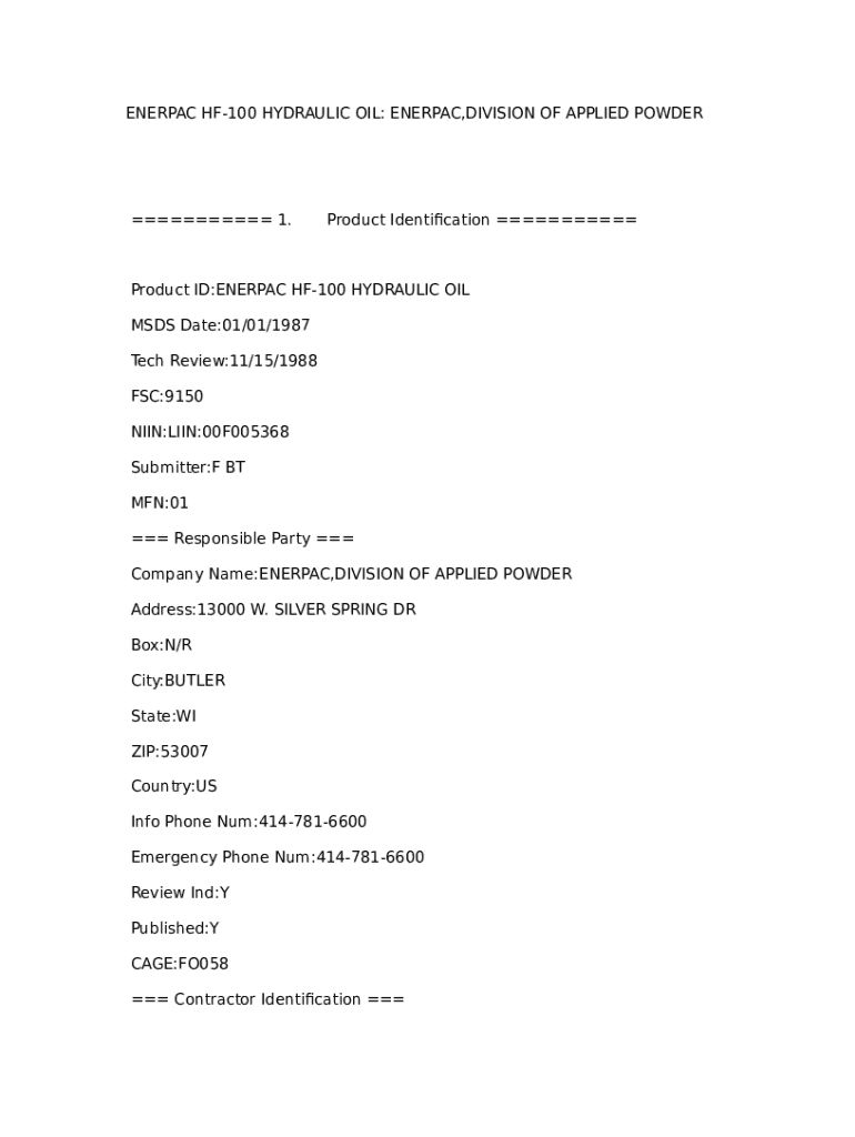 ENERPAC HF100 HYDRAULIC OIL ENERPAC,DIVISION OF APPLIED POWDER Doc
