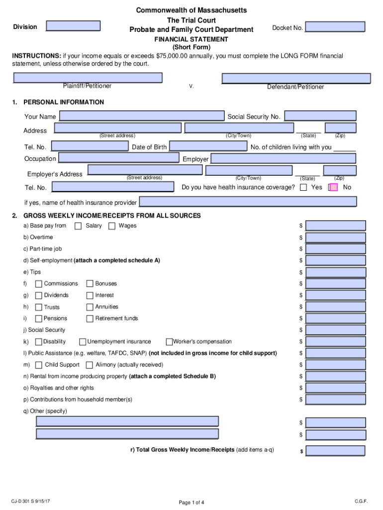 Fillable Online Short Form Financial Statement with Schedules Fax Email