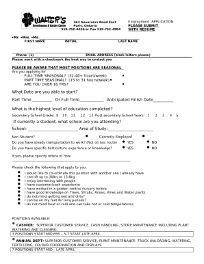 WALTER'S GREENHOUSES JOB APPLICATION