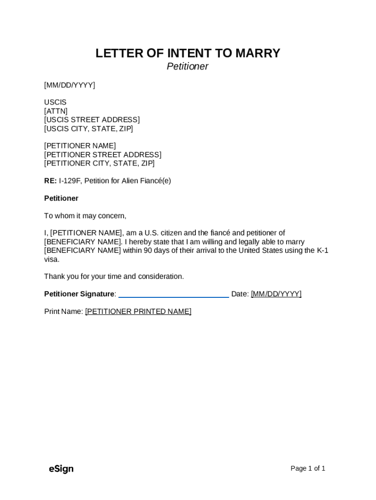 Letter of Intent To Marry (Petitioner) Template Doc Template | pdfFiller