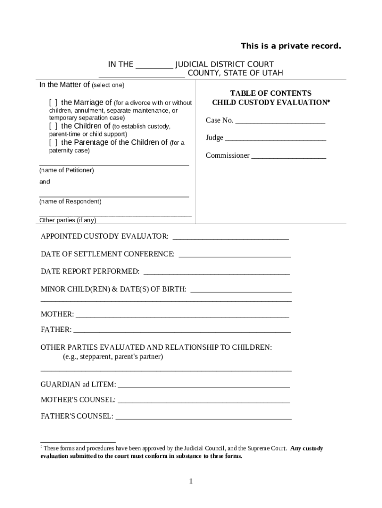 TABLE OF CONTENTS CHILD CUSTODY EVALUATION. TABLE OF CONTENTS CHILD