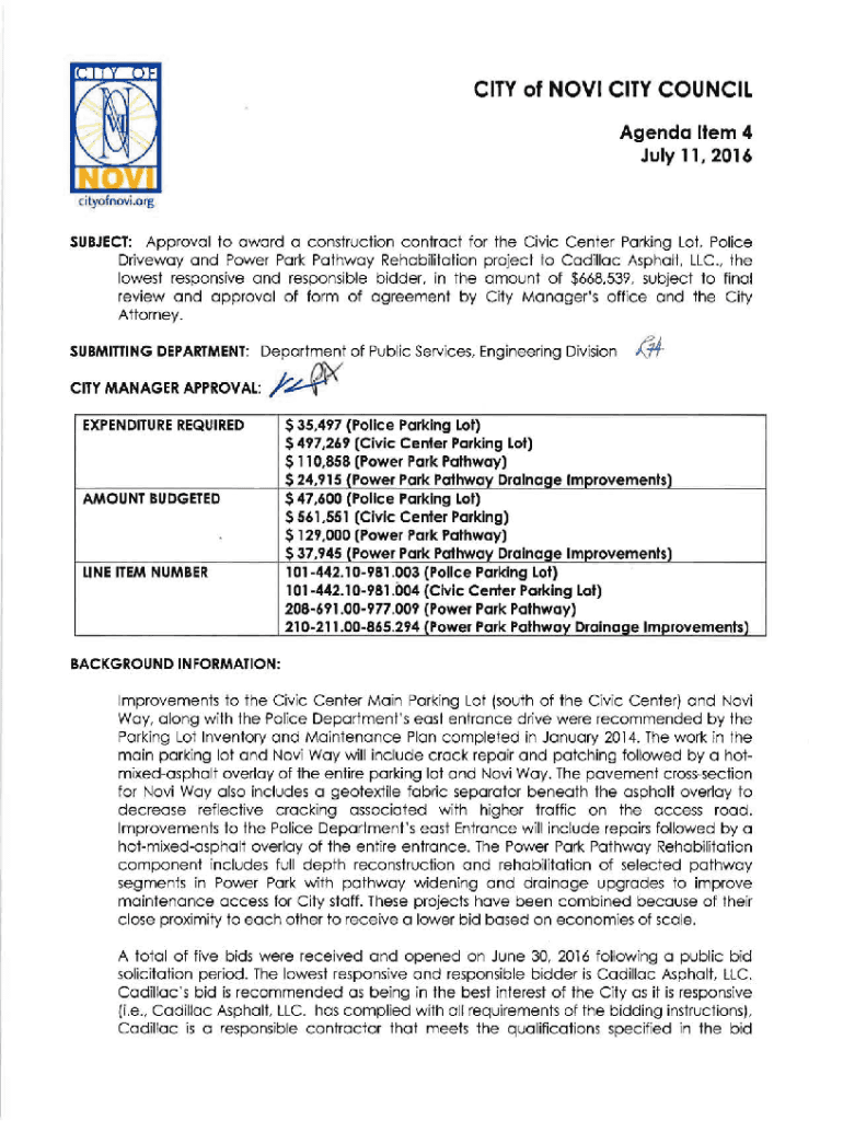 Fillable Online Civic Center parking lot, Police driveway & Power