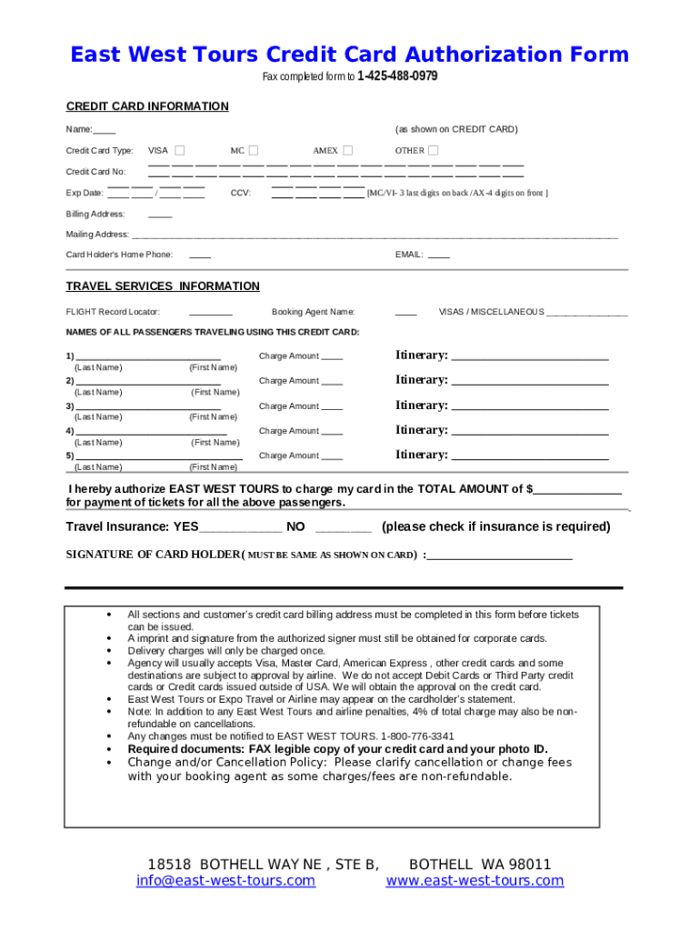 East West Tours Credit Card Authorization Doc Template pdfFiller