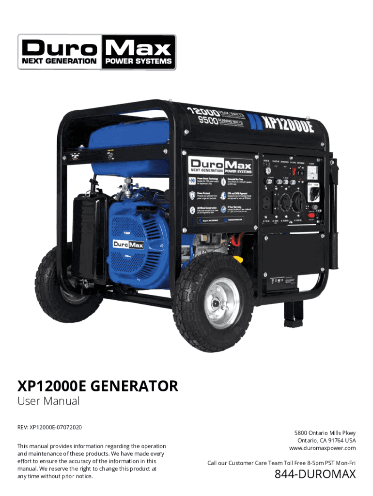 Fillable Online DuroMax XP12000E 12000 Watt Portable Gas Powered