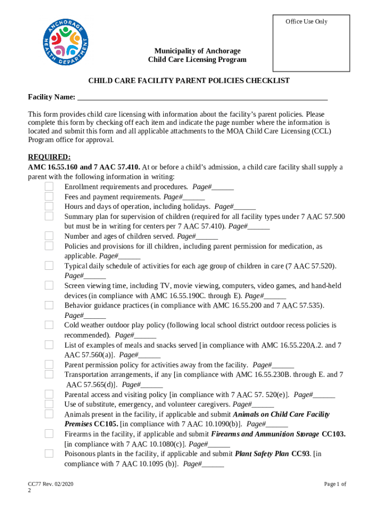 Policy Checklist - Family Child Care Centers, DCF-F-CFS2356-E Doc ...