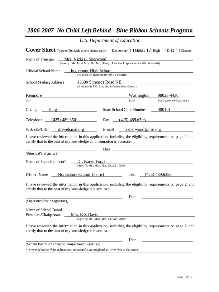 wa-inglemoor high school. 06-07 blue ribbon application - www2 ed Doc ...