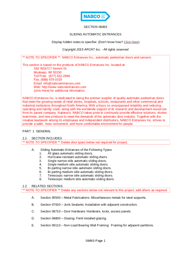 Section 08463 Sliding Automatic Entrances. NABCO Entrances Inc. Doc