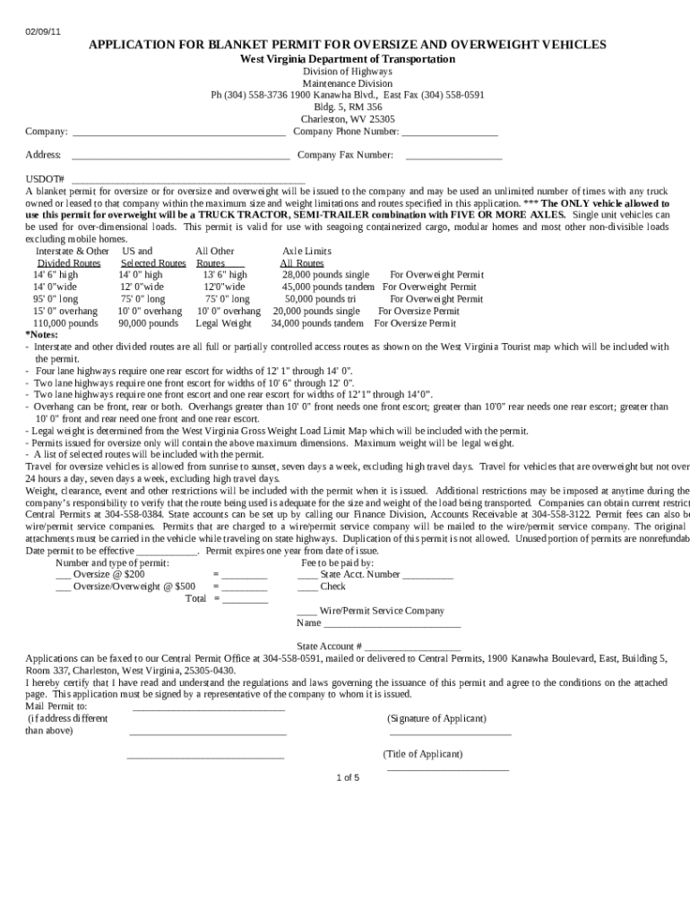 blanket permit for oversize and overweight vehicles transportation wv