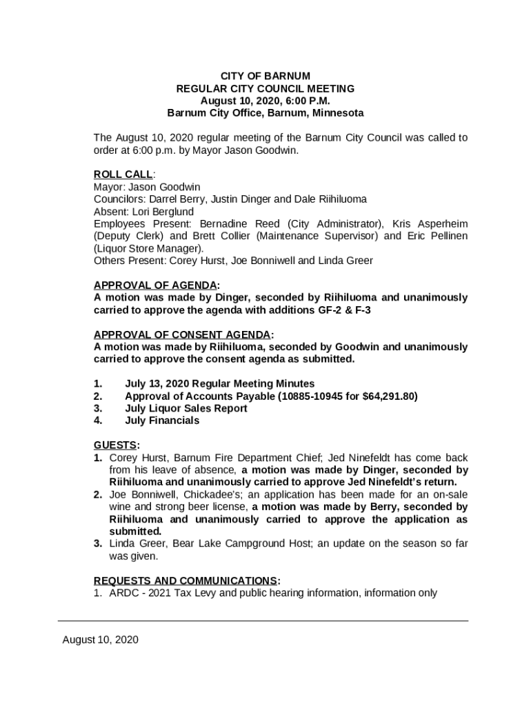 City of Barnum Official site Doc Template pdfFiller